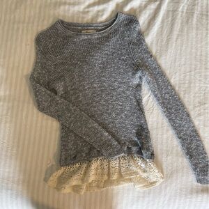Gray Sweater with Cream Lace Hem
